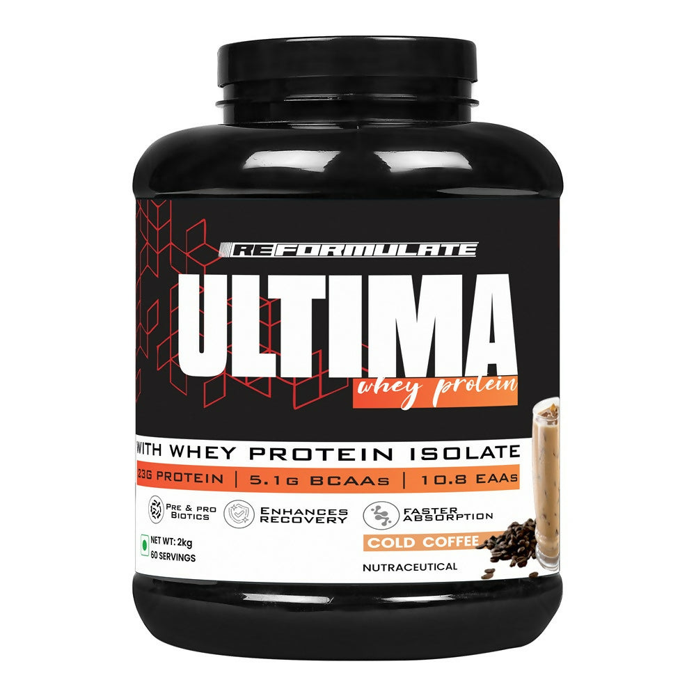 Reformulate Ultima I Whey Protein with Isolate I 23 G Protein I 5.1G BCAA I 10.8 EAA I Pre & Probiotics - Cold Coffee Reformulate