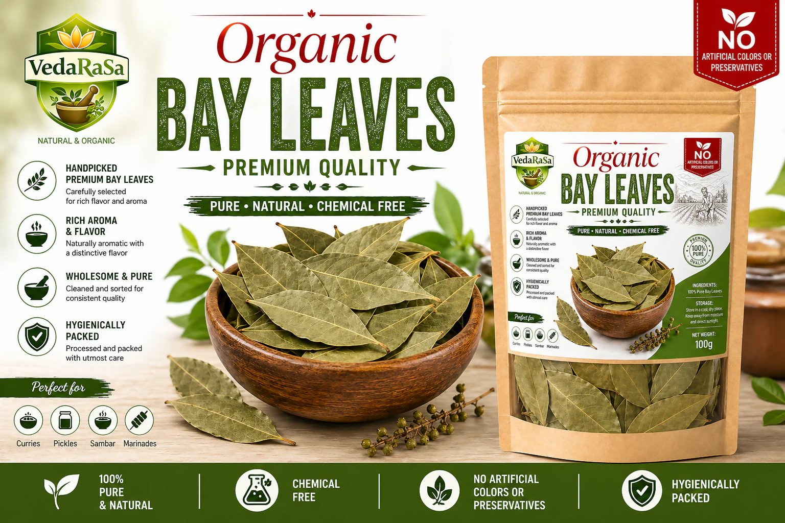 VedaRasa Organic Bay Leaves Premium Quality VedaRasa