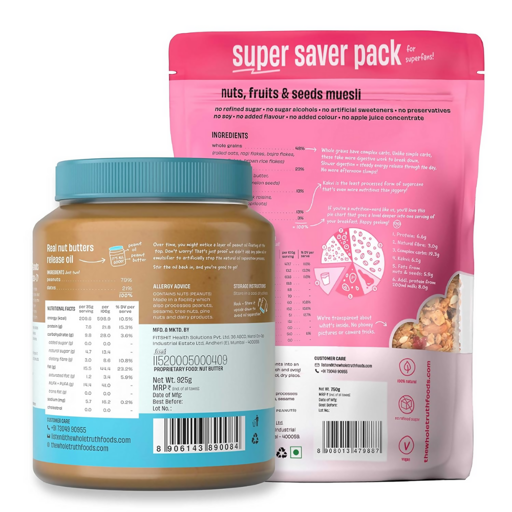 The Whole Truth Peanut Butter with Dates Crunchy + Nuts Fruits and Seeds Muesli - Breakfast The Whole Truth