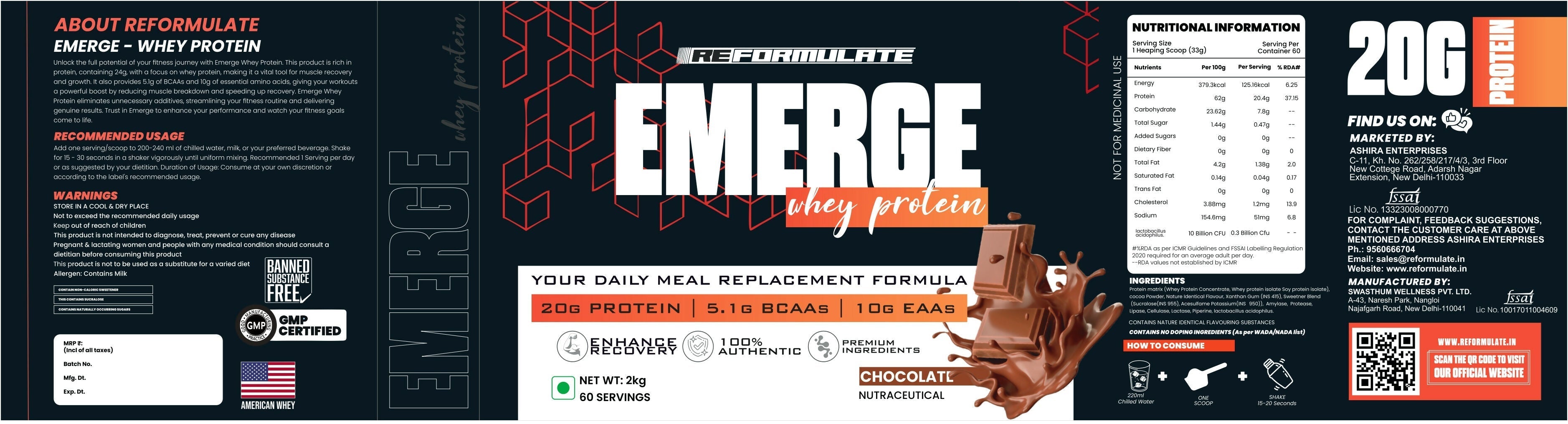 Reformulate Emerge I Whey Protein I Your Daily Meal Replacement Formula I 20 G I Protein I 5.1 G Bcaa's I 10 G Eaa's - Chocolate Reformulate