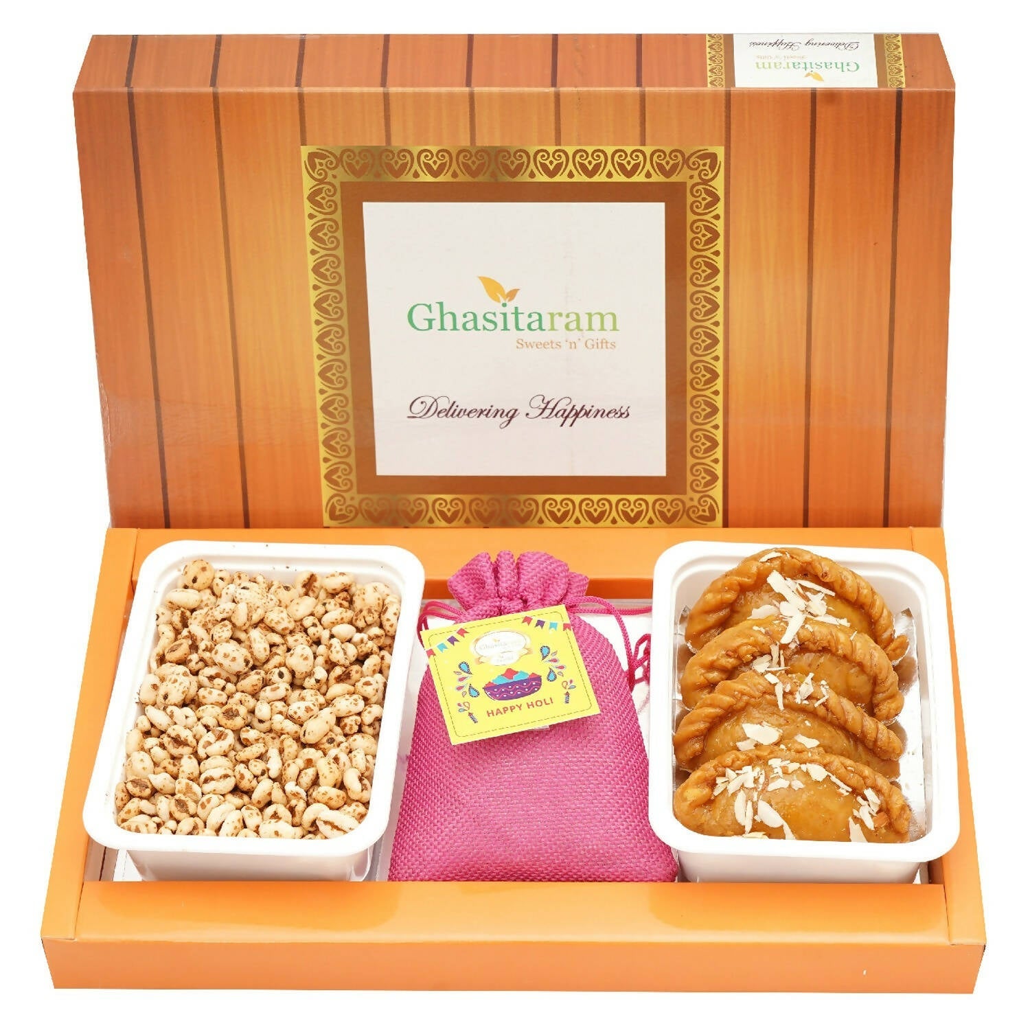 Ghasitaram Assorted Box of Sugarfree Gujiyas, Wheat Puffs and Thandai - Safuron