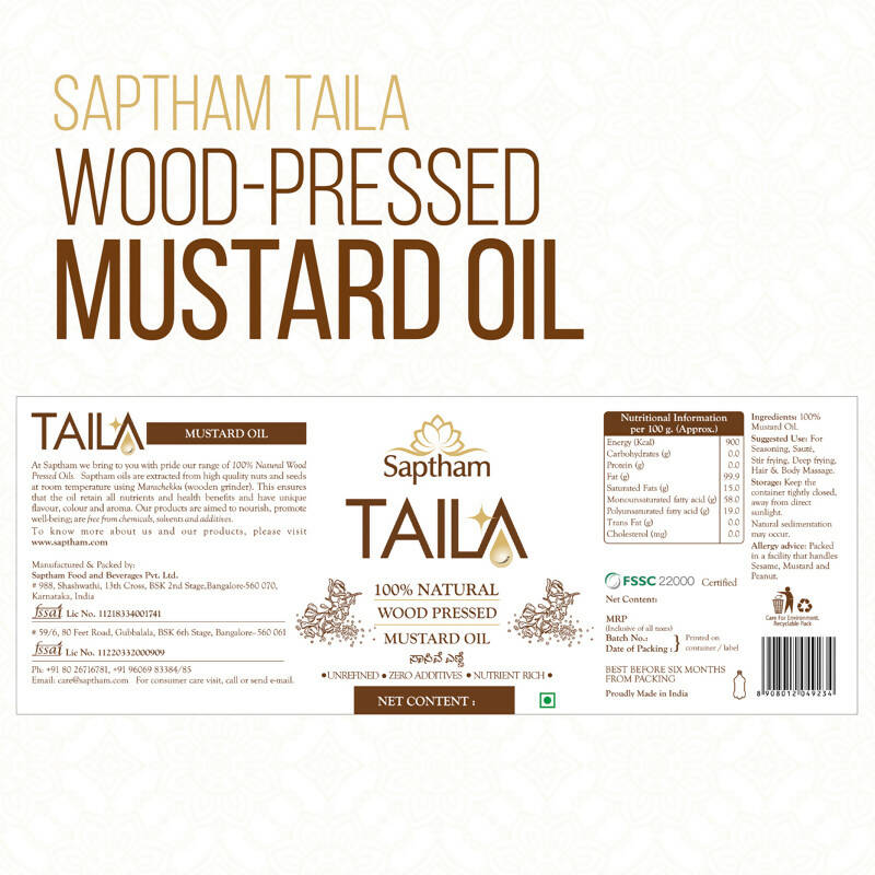 Saptham Taila 100% Wood Pressed Mustard Oil Saptham
