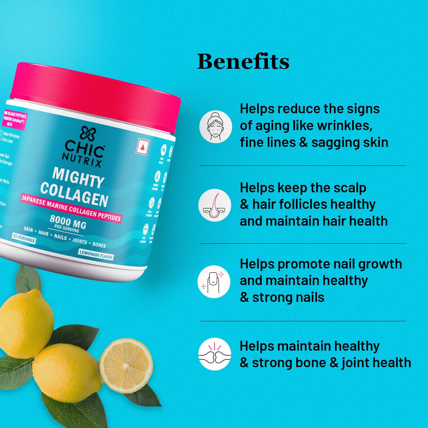 Chicnutrix Mighty Collagen Japanese Collagen Powder For Skin, Hair, Nails & Joints - Lemonade Flavor Chicnutrix