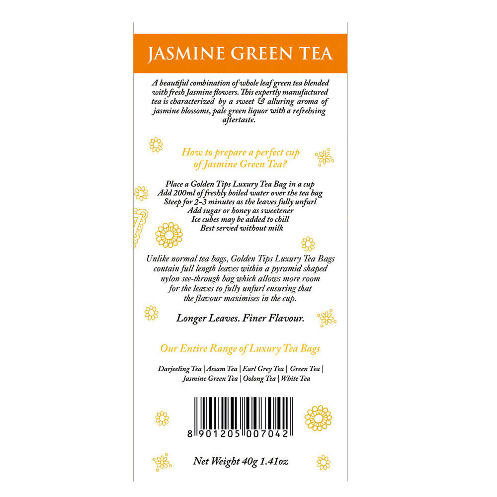 Golden Tips Jasmine Green Tea Pyramid Tea Bags Golden Tips