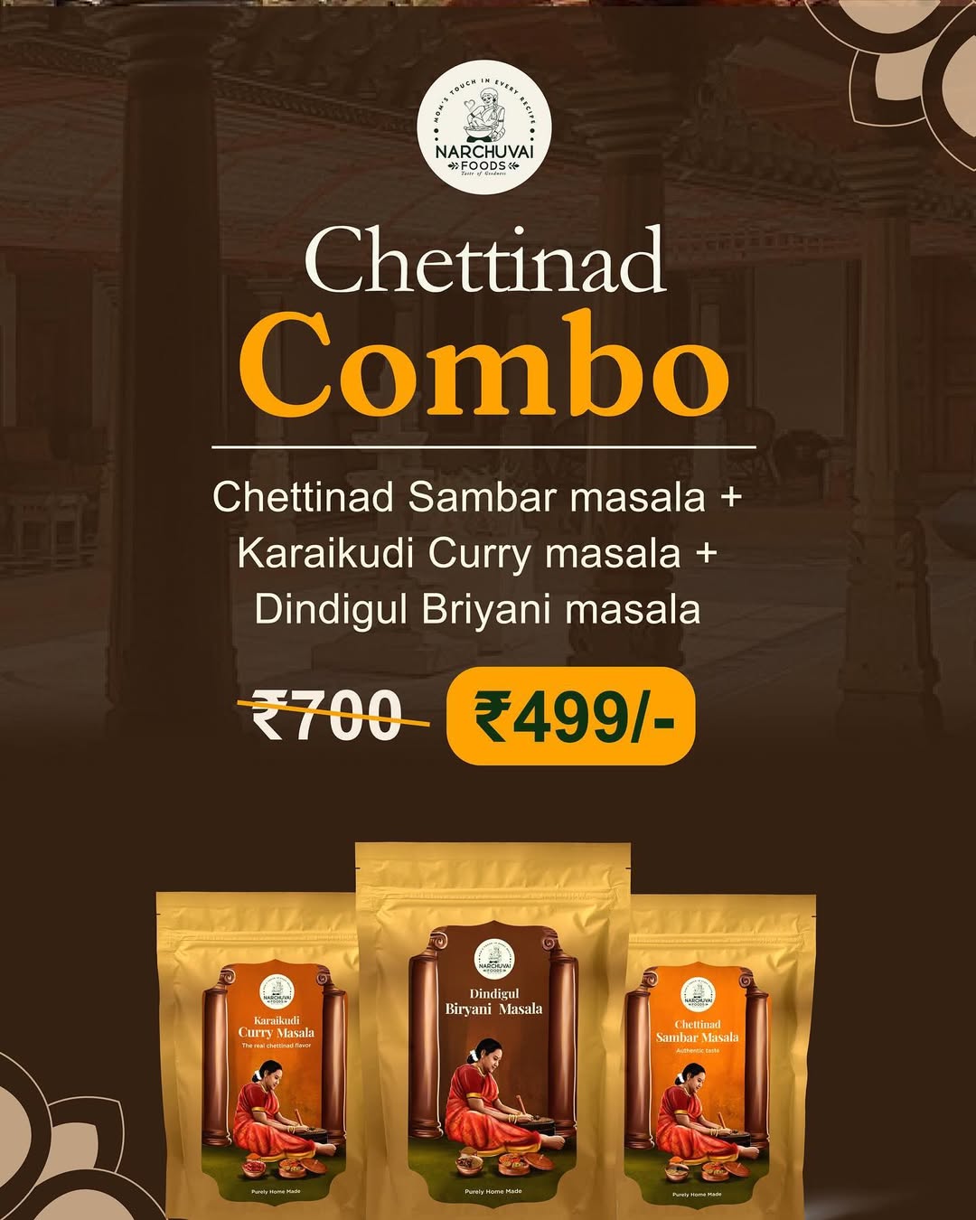Narchuvai Foods Chettinad Combo (Chettinad Sambar Masala + Karaikudi Curry Masala + Dindigul Biryani Masala) - Safuron