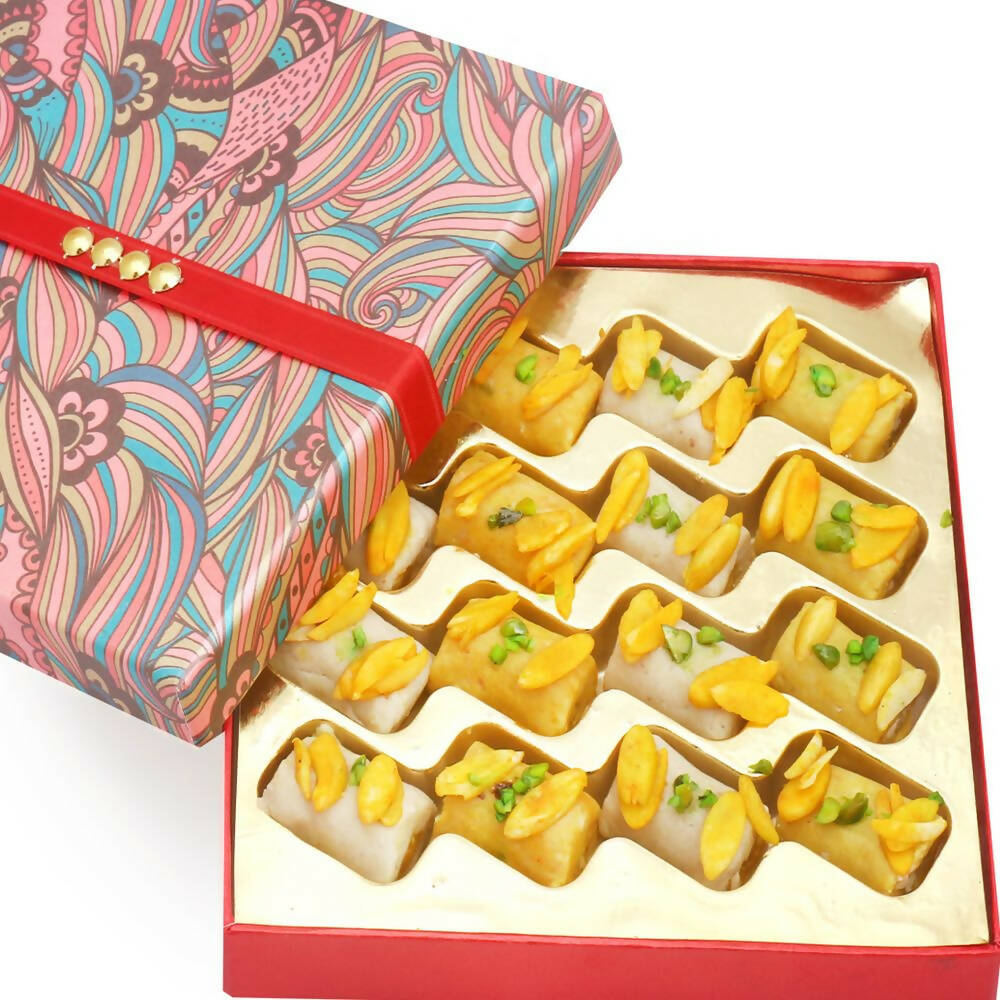 Ghasitaram Mini Assorted Kaju Rolls in Pink Box - Safuron