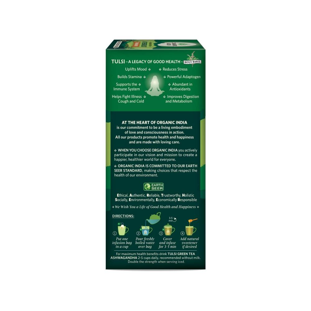 Organic India Tulsi Green Tea Ashwagandha - Herbal Sleep Tea, Caffine Free Organic India