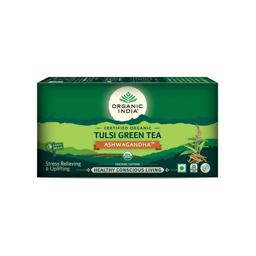 Organic India Tulsi Green Tea Ashwagandha - Herbal Sleep Tea, Caffine Free Organic India