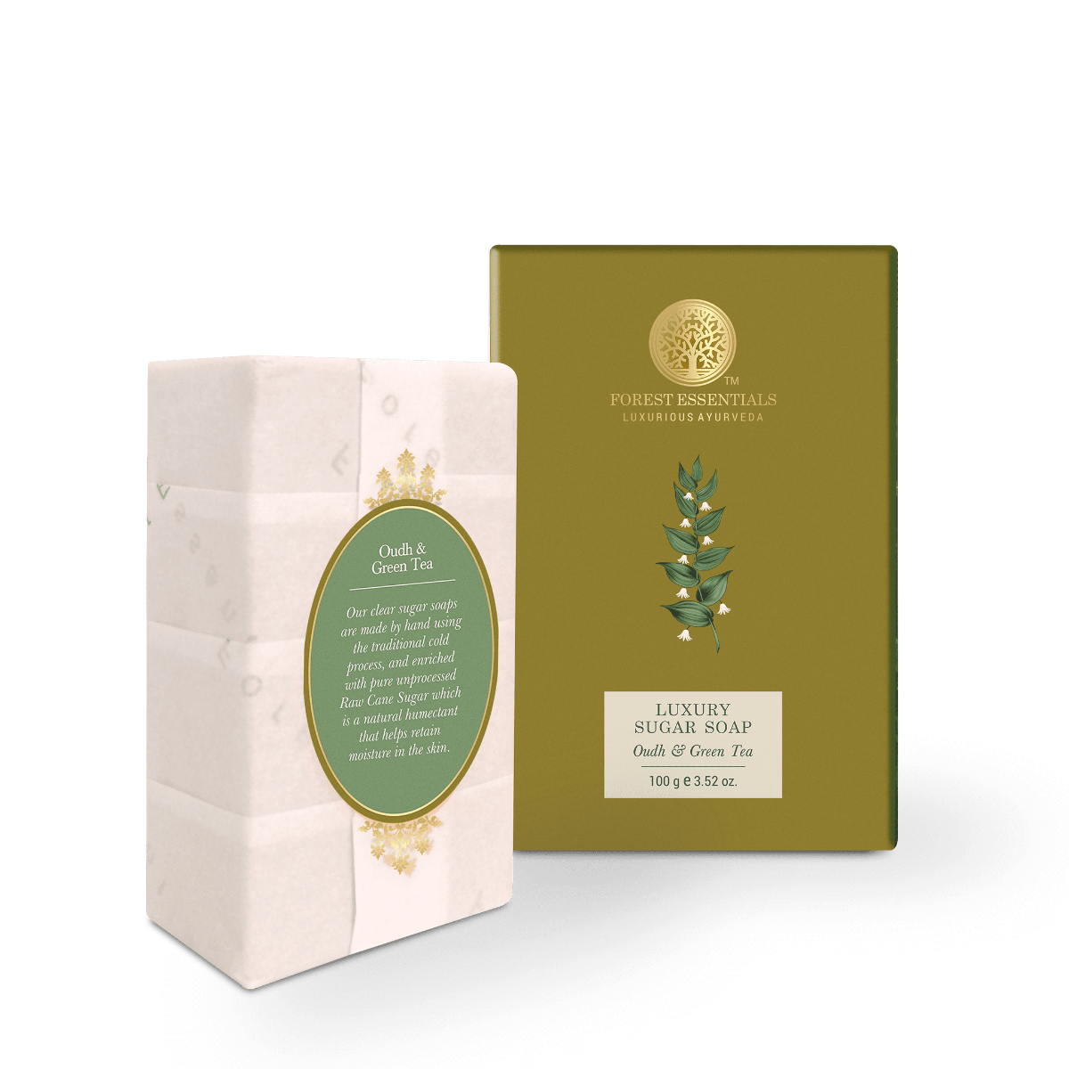 Forest Essentials Luxury Sugar Soap Oudh & Green Tea - Safuron