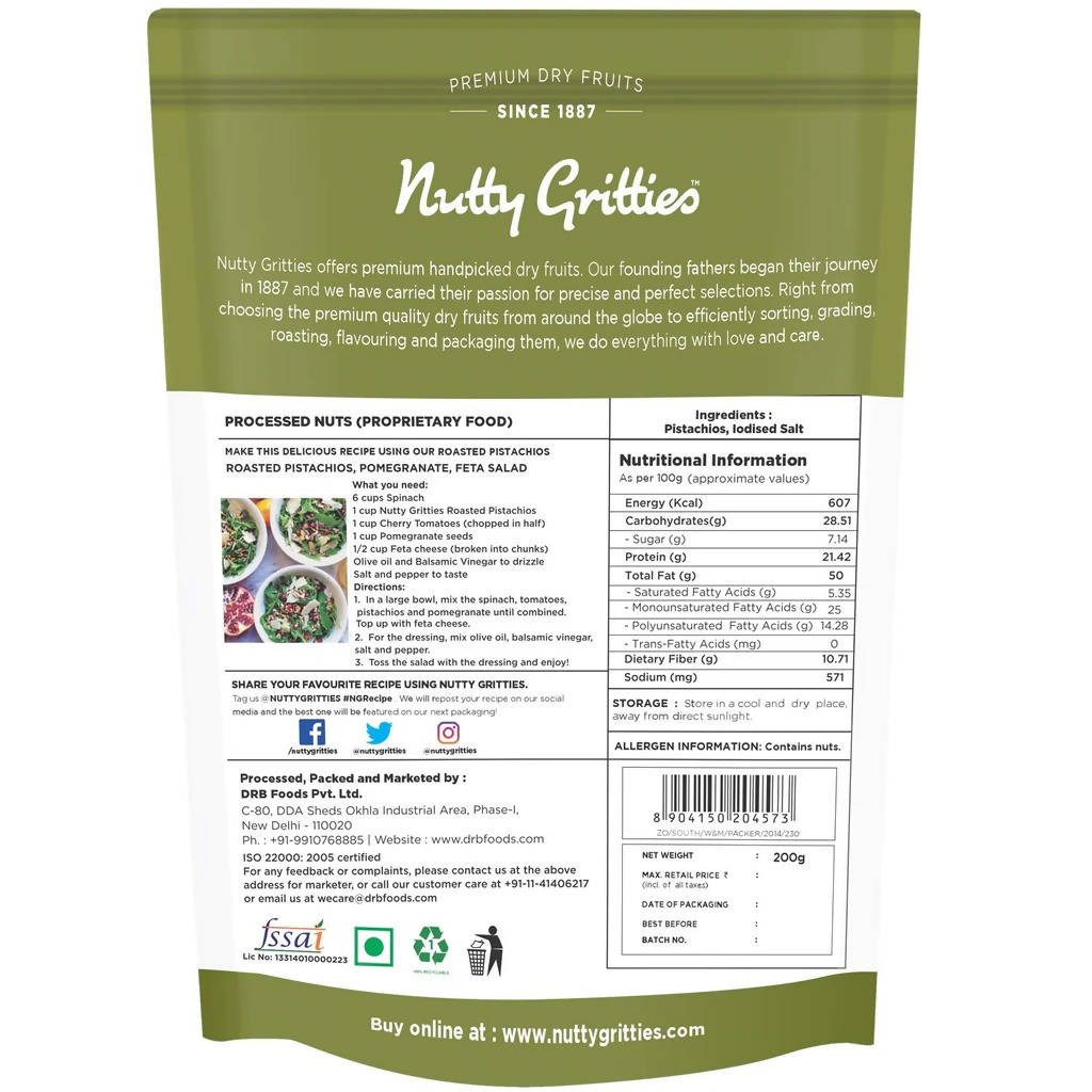Nutty Gritties California Roasted Pistachios Lightly Salted Nutty Gritties