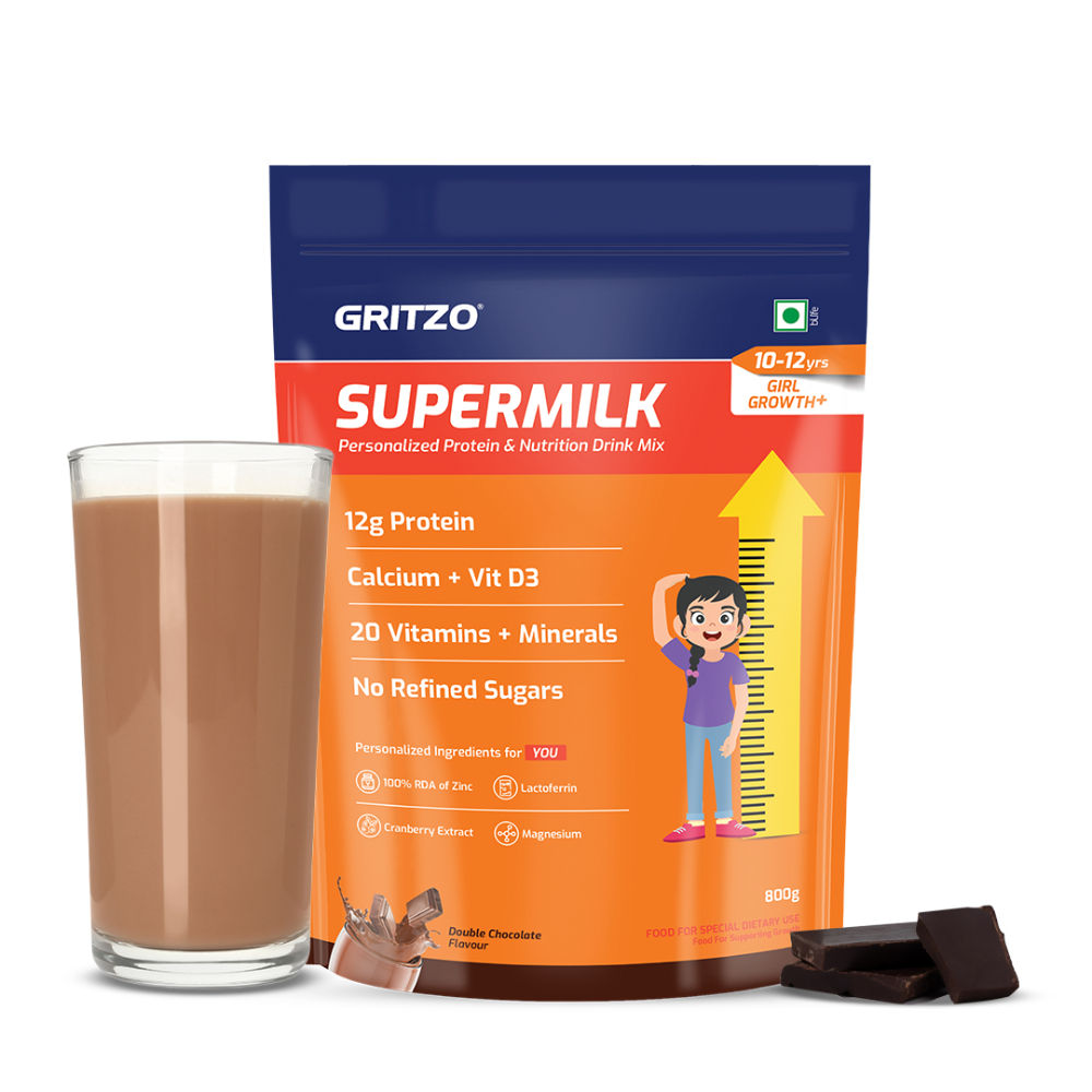 Gritzo SuperMilk Height+ Health Drink for 10-12y Girls - Double Chocolate Flavor Gritzo