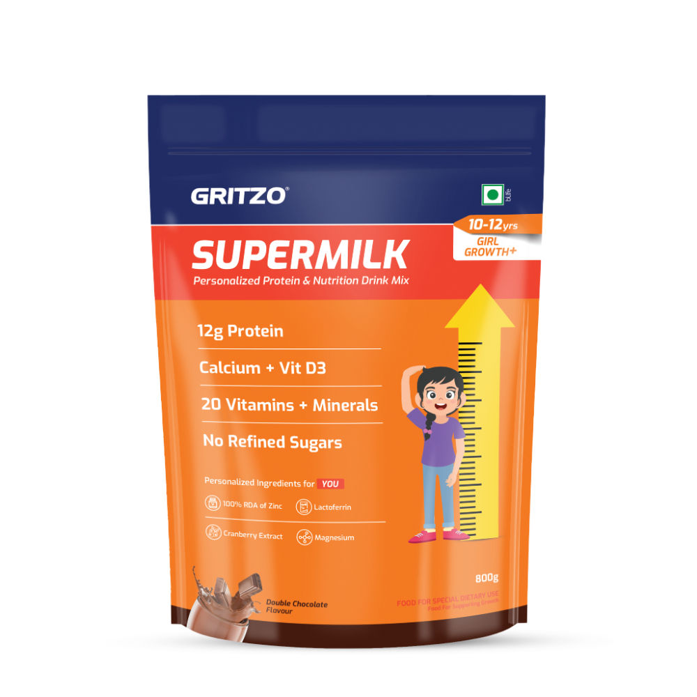 Gritzo SuperMilk Height+ Health Drink for 10-12y Girls - Double Chocolate Flavor Gritzo