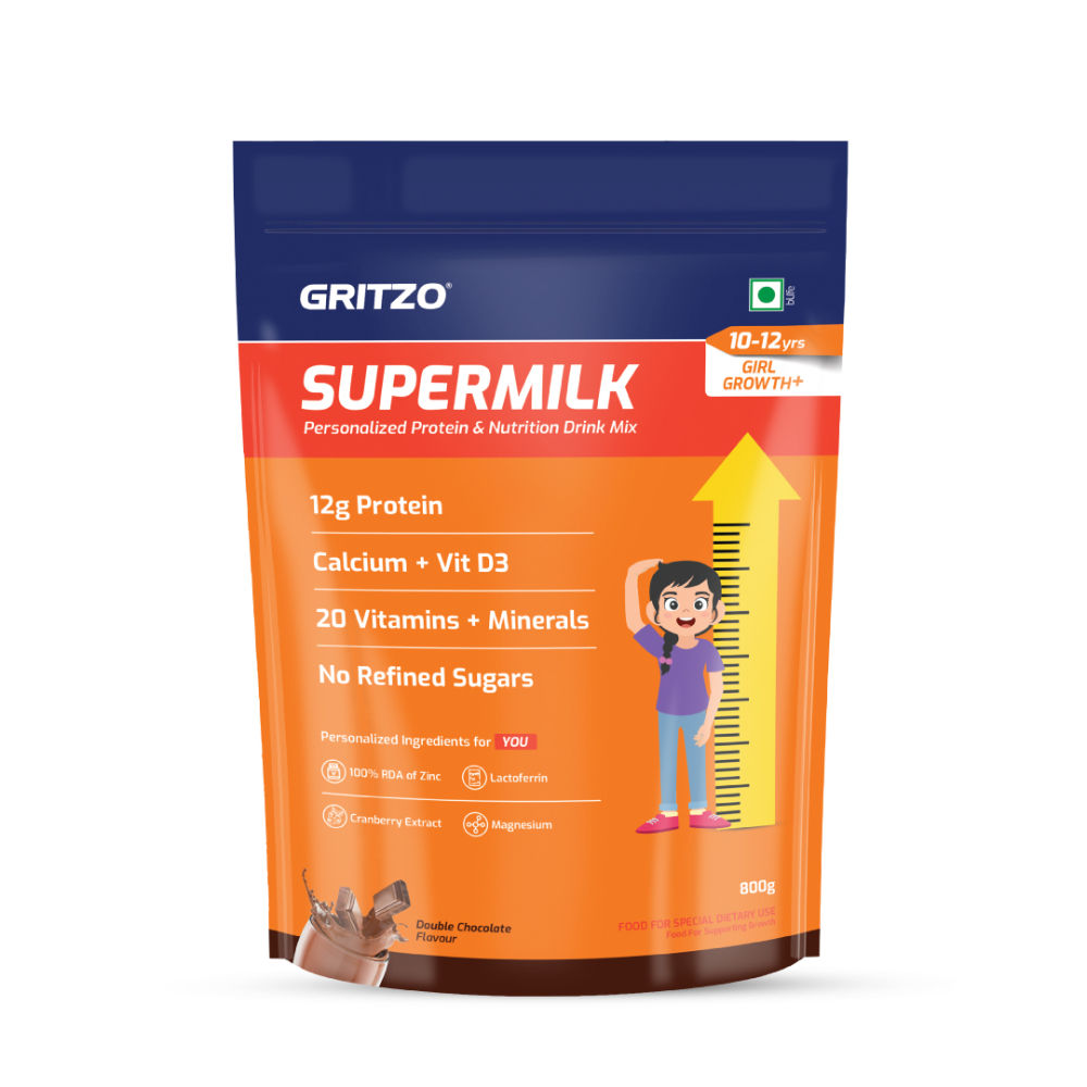 Gritzo SuperMilk Height+ Health Drink for 10-12y Girls - Double Chocolate Flavor Gritzo