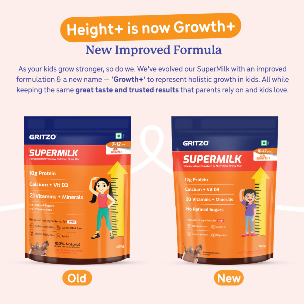 Gritzo SuperMilk Height+ Health Drink for 10-12y Girls - Double Chocolate Flavor Gritzo