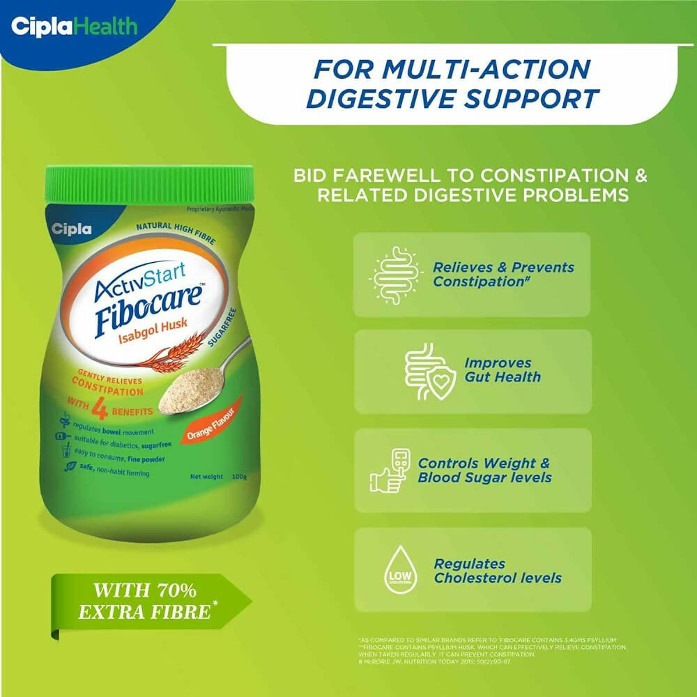 Cipla Fibocare Isabgol Husk Powder | Sugar Free - Orange Flavor Cipla