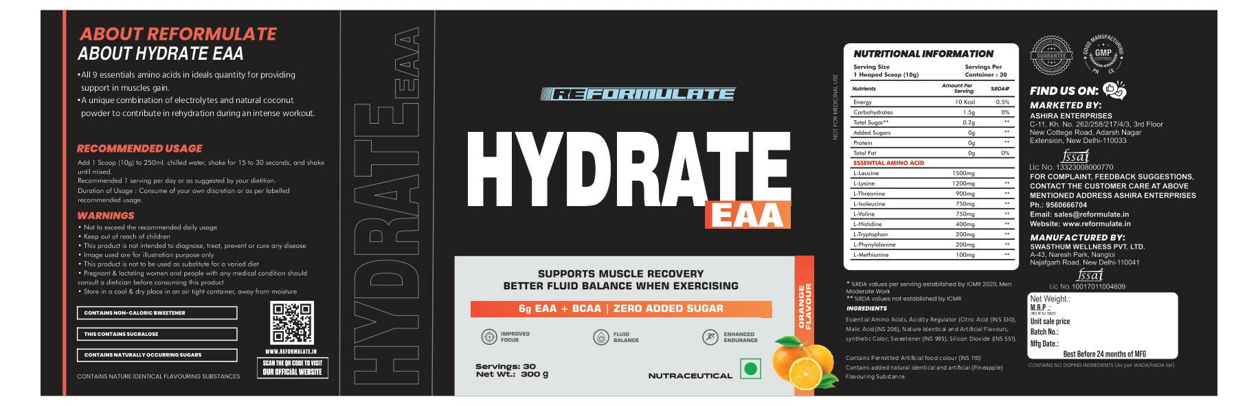 Reformulate Hydrate EAA I Supports Muscle Recovery | Zero Added Sugar | Improved Focus I Fluid Balance - Orange Reformulate