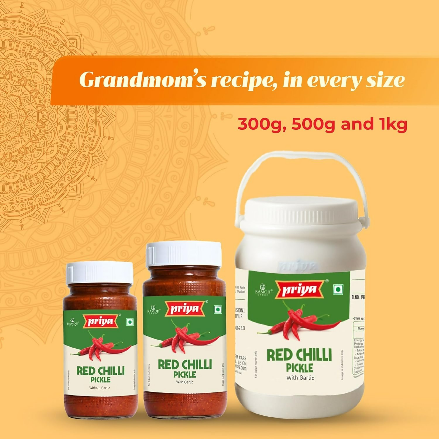 Priya Red Chilli Without Garlic Pickle Priya