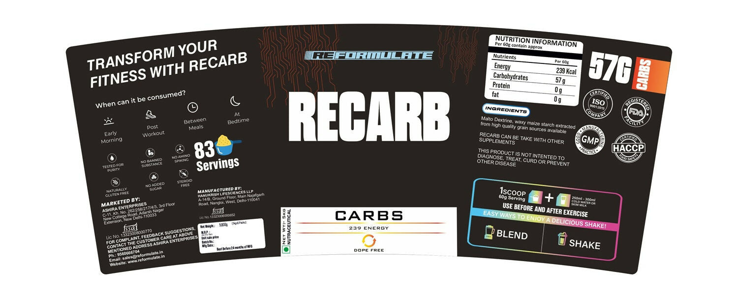 Reformulate Recarb I Carbs I 239 Energy I Nutraceutical - Unflavoured Reformulate