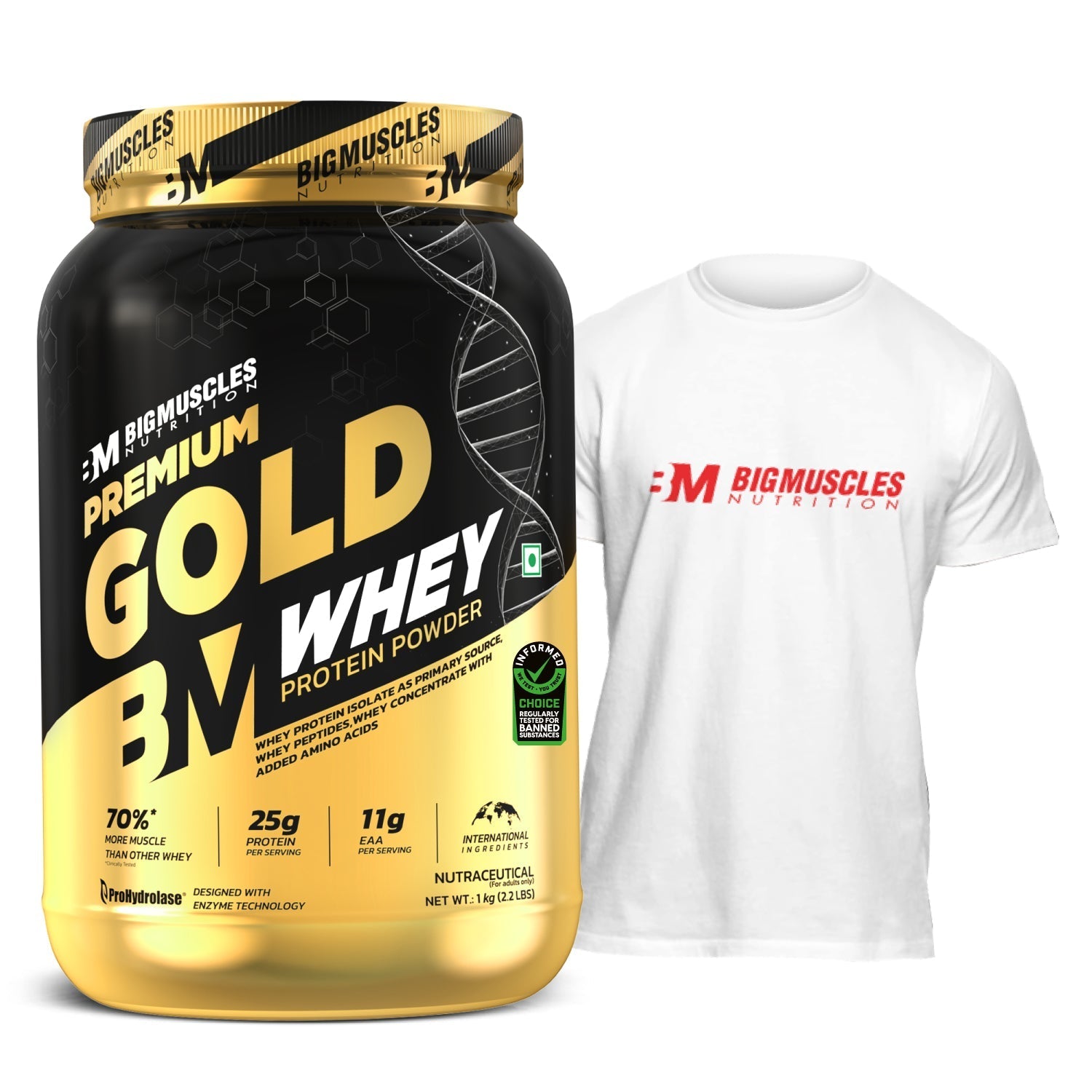 Big Muscles Nutrition Premium Gold Whey & TShirt-L Combo - Dista