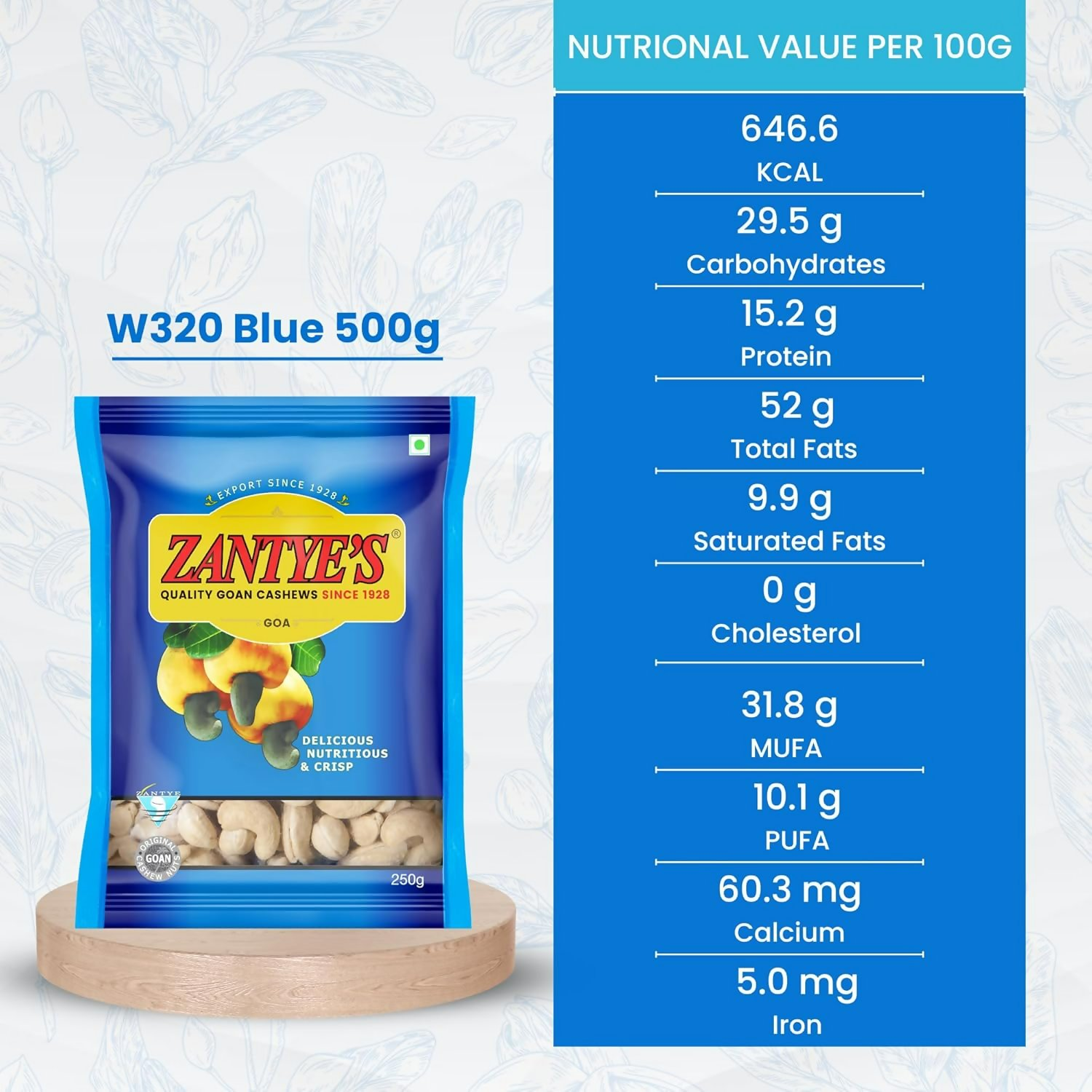 Zantye's Goan Cashew W320 Premium Kaju Zantye's