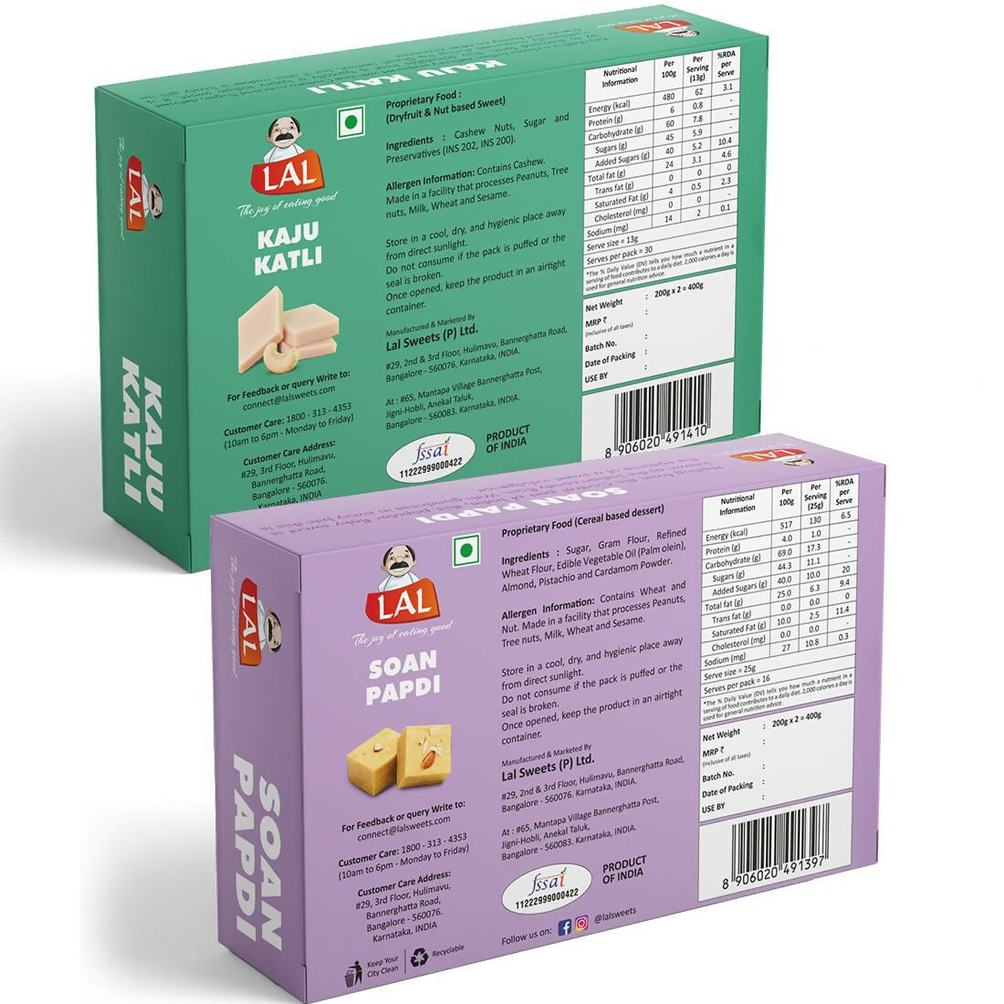 Lal Sweets Combo Pack - Kaju Katli 400 g & Soan Papdi Premium 400g| Desi Cow Ghee Indian Sweet Box Combo Lal Sweets