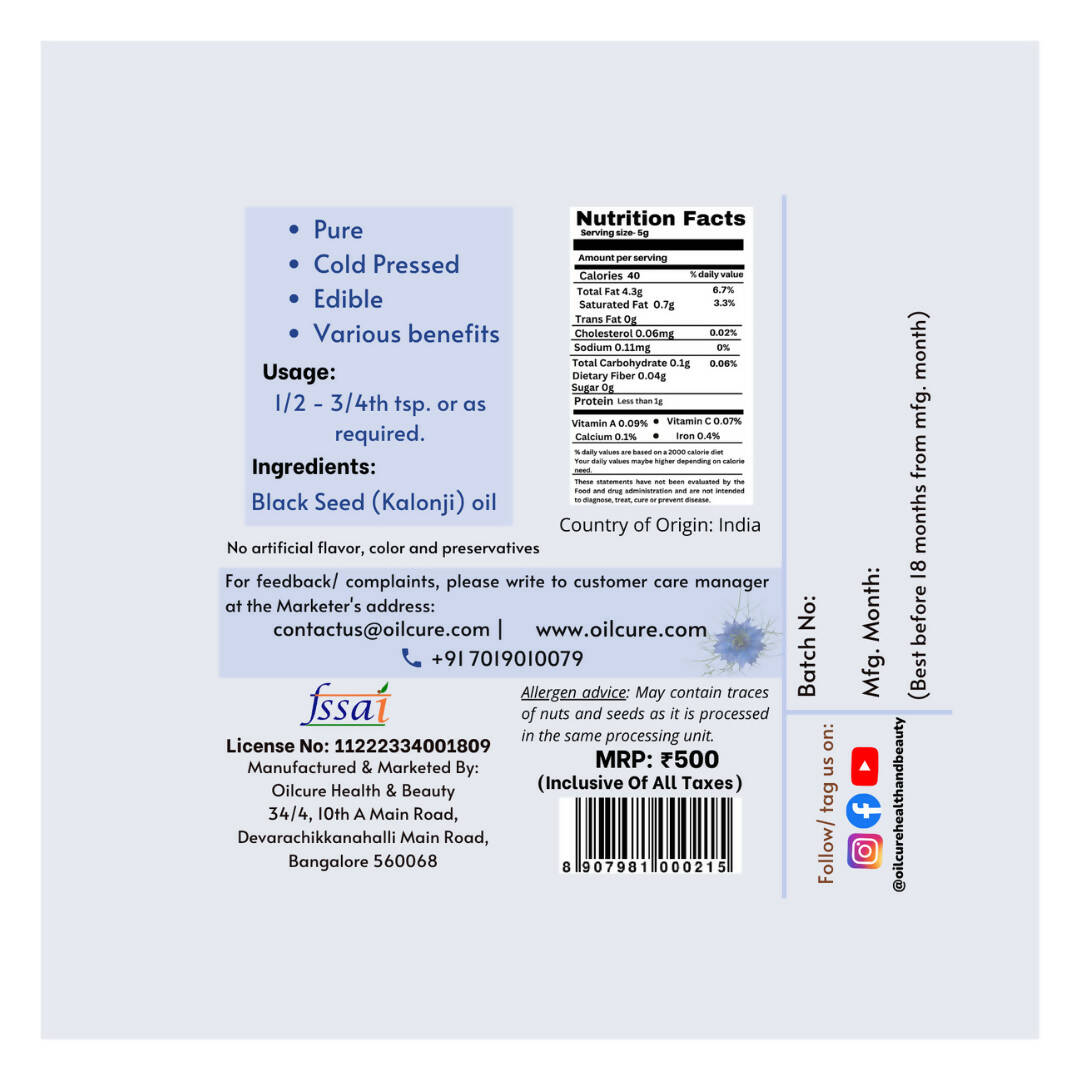 Oilcure Kalonji Oil Cold Pressed Oilcure