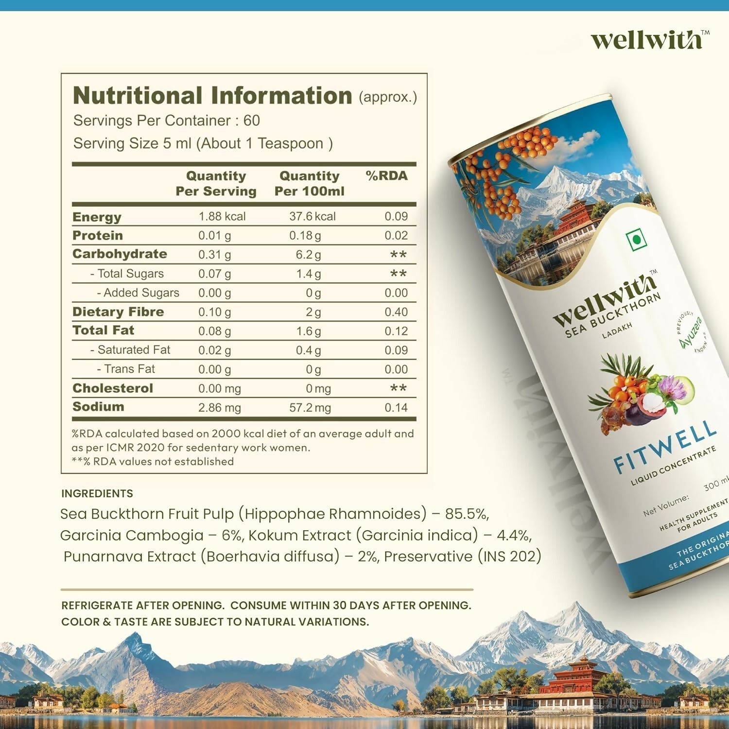 Wellwith Fitwell Juice – Himalayan Sea Buckthorn + Garcinia, Kokum & Punarnava Wellwith