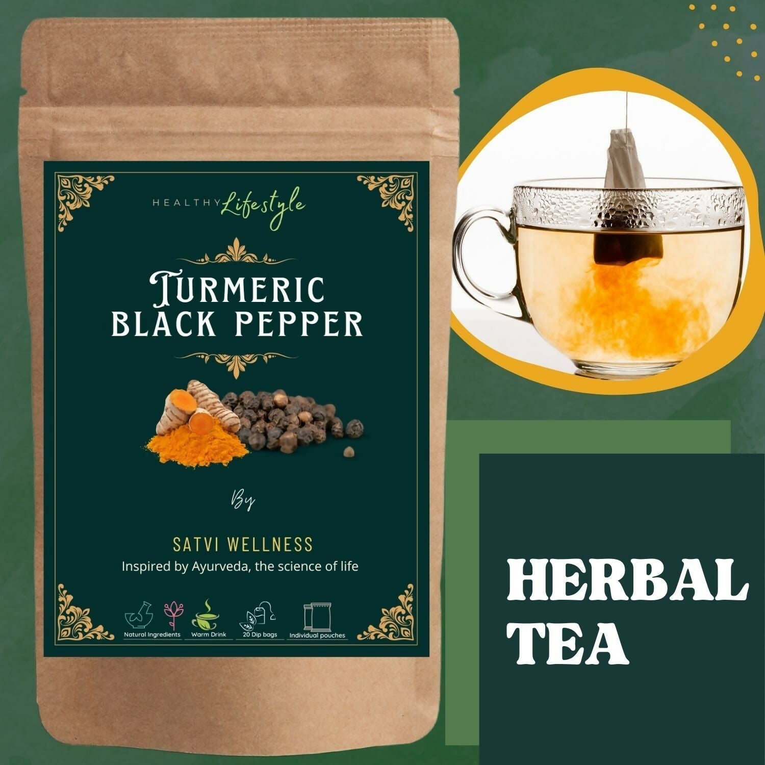 Satvi Wellness Turmeric Black Pepper Tea Bags | Herbal Tea Satvi Wellness