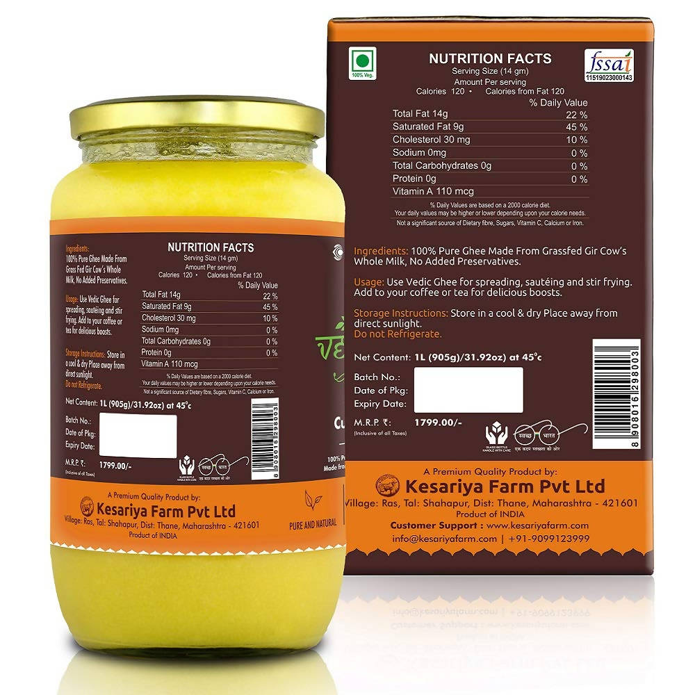 Vedic Ghee Premium A2 Gir Cow Cultured Ghee from Kesariya Farm Indian Gir Cow Ghee, Pure A2 Ghee, Natural & Healthy Vedic Ghee
