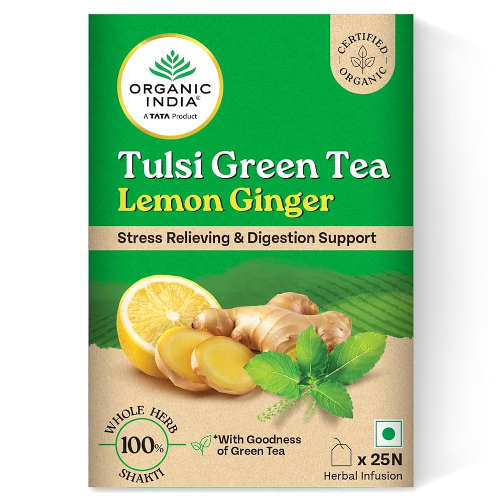 Organic India Tulsi Green Tea Lemon Ginger 25 Tea Bags Organic India