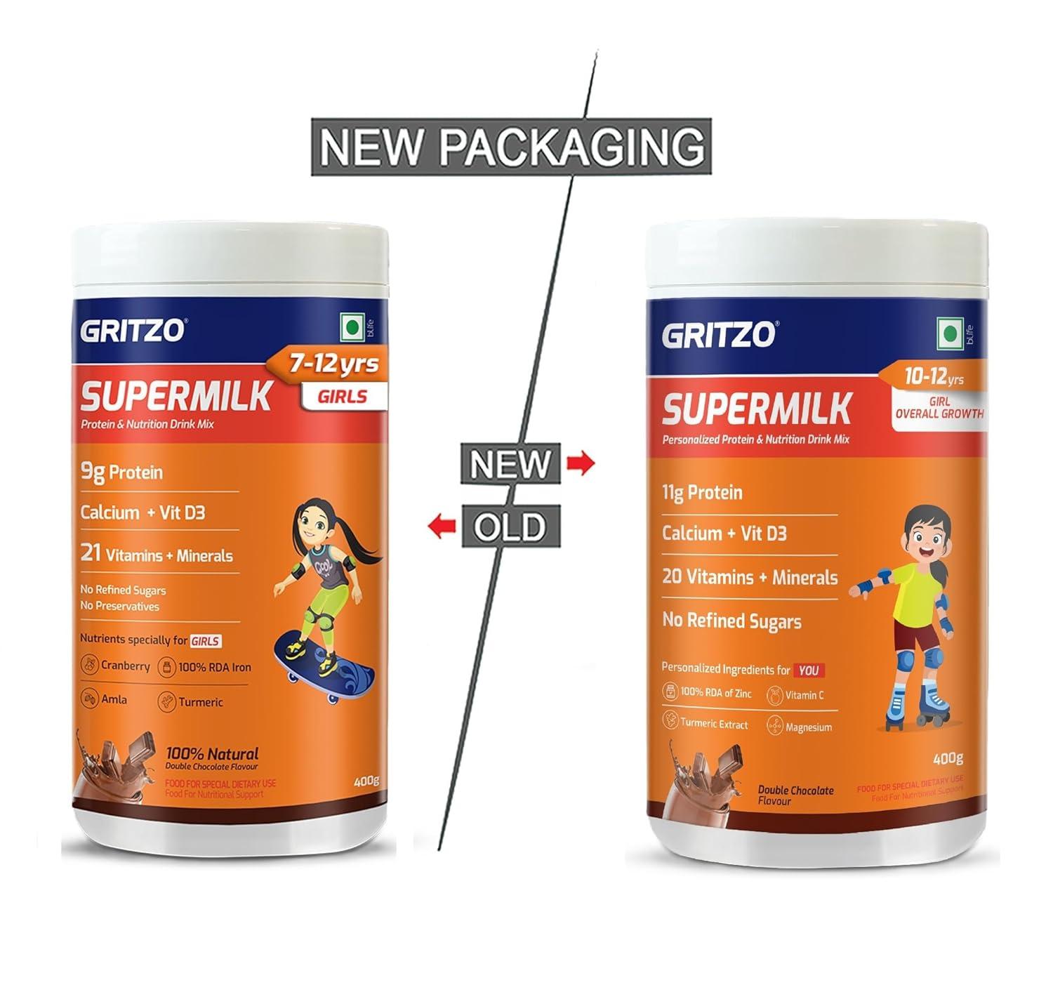 Gritzo SuperMilk Overall Growth (10-12y Girls), Zero Refined Sugar, 21 Vitamins & Minerals Gritzo
