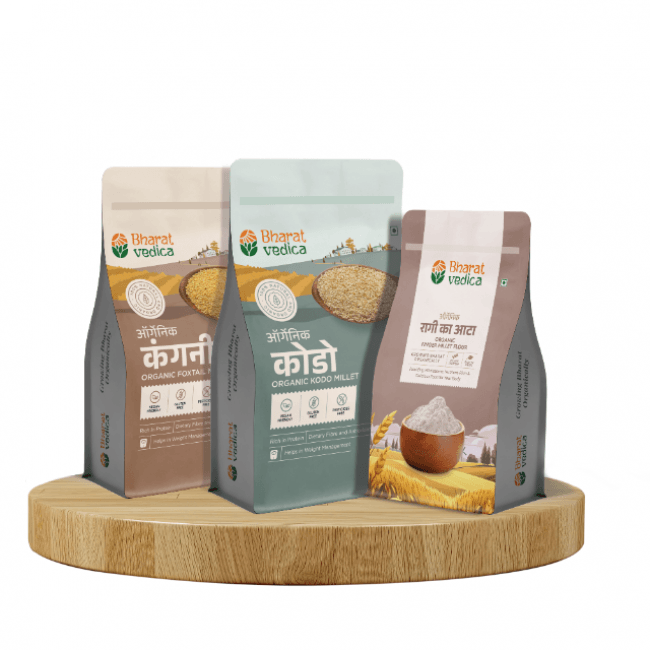 Bharat Vedica Millet Combo (1kg Organic Kodo Millet + 1kg Organic Foxtail Millet + 500g Organic Ragi Flour) - Safuron