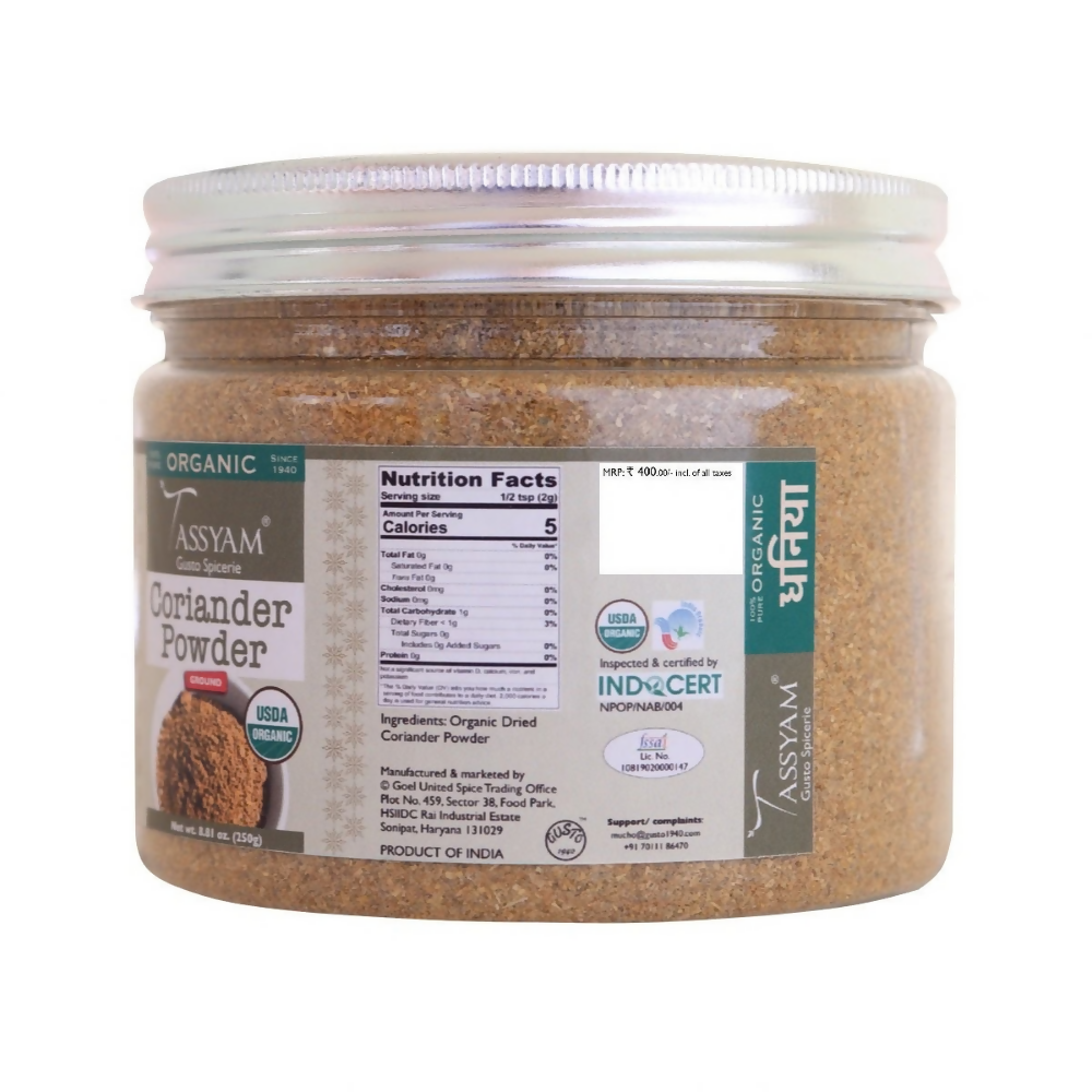Tassyam Organics Certified 100% Organic Coriander Seeds Powder Tassyam Organics