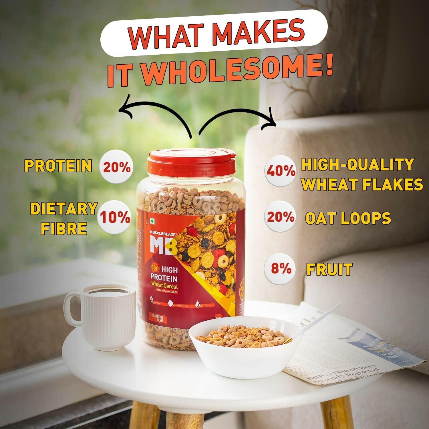 MuscleBlaze 16g High Protein Wheat Cereal - Strawberry Blast MuscleBlaze