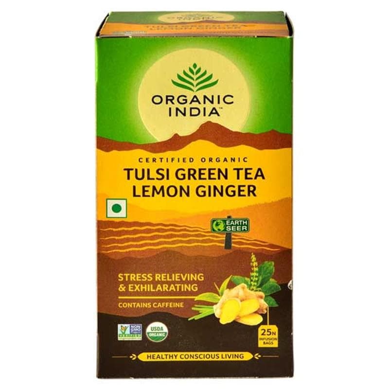 Organic India Tulsi Green Tea Lemon Ginger 25 Tea Bags Organic India