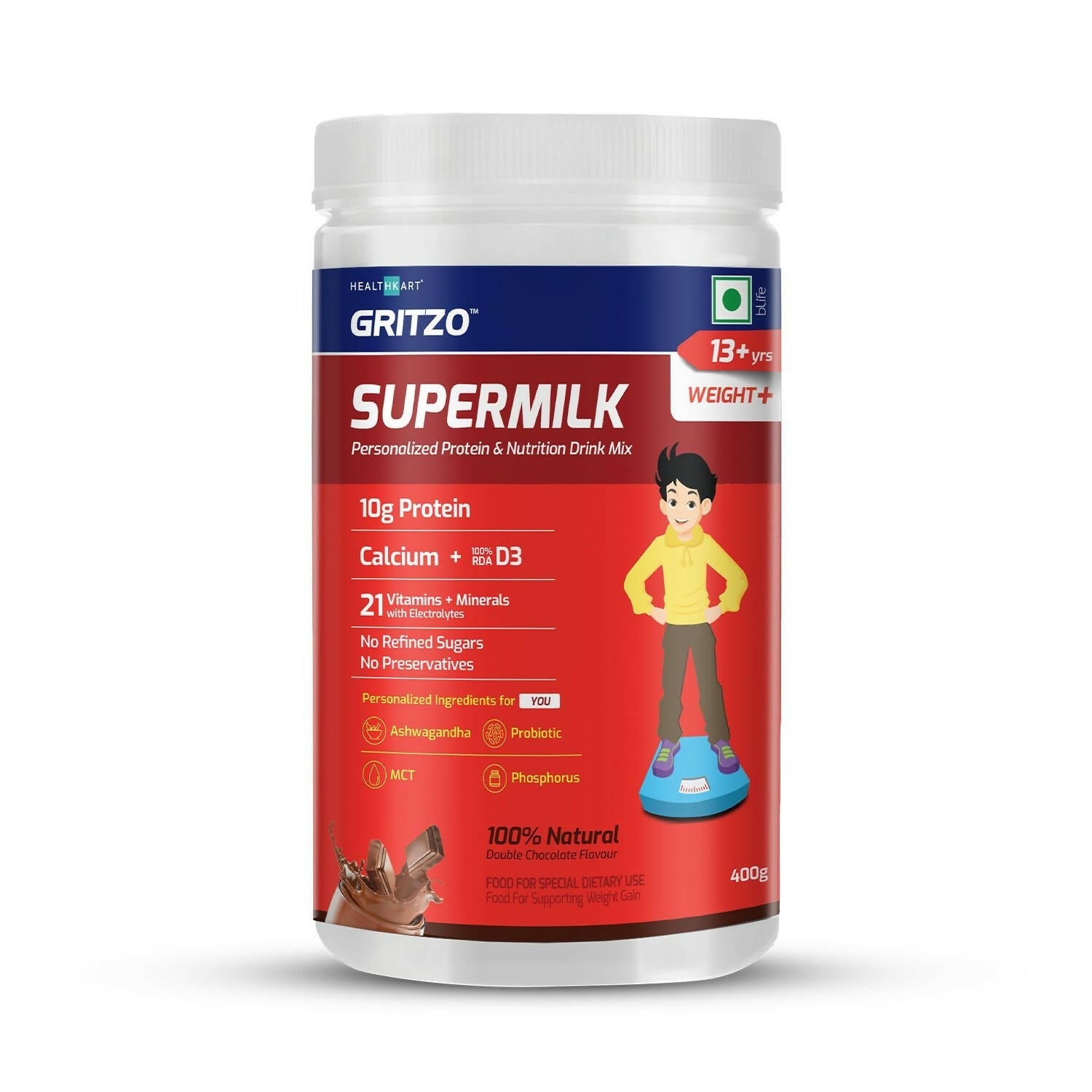 Gritzo Supermilk Weight+ Health Drink For 13+Y Boys - Double Chocolate Gritzo