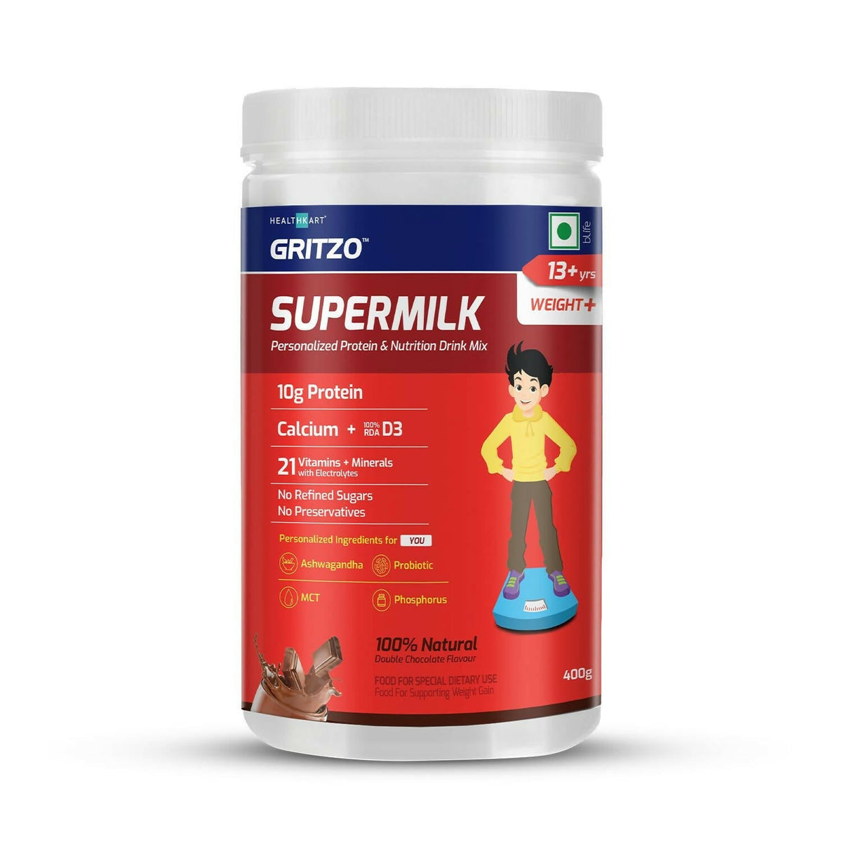 Gritzo Supermilk Weight+ Health Drink For 13+Y Boys - Double Chocolate Gritzo