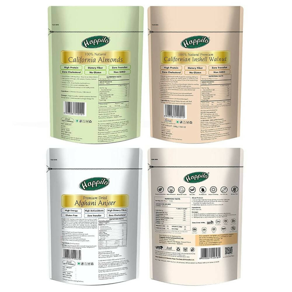 Happilo Premium Californian Almonds, Walnuts Inshell, Afghani Anjeer & Turkish Apricot Combo Happilo