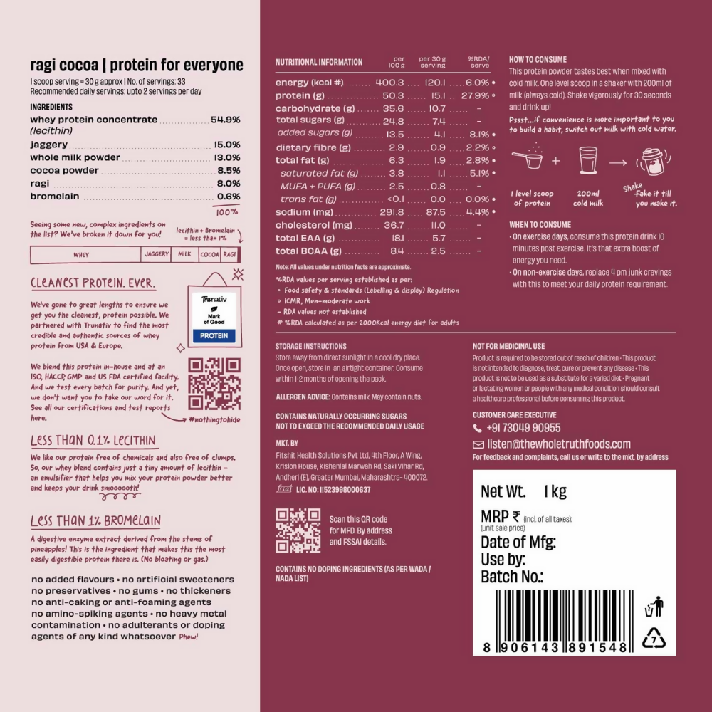 The Whole Truth 15g Protein/Scoop - Ragi Cocoa The Whole Truth