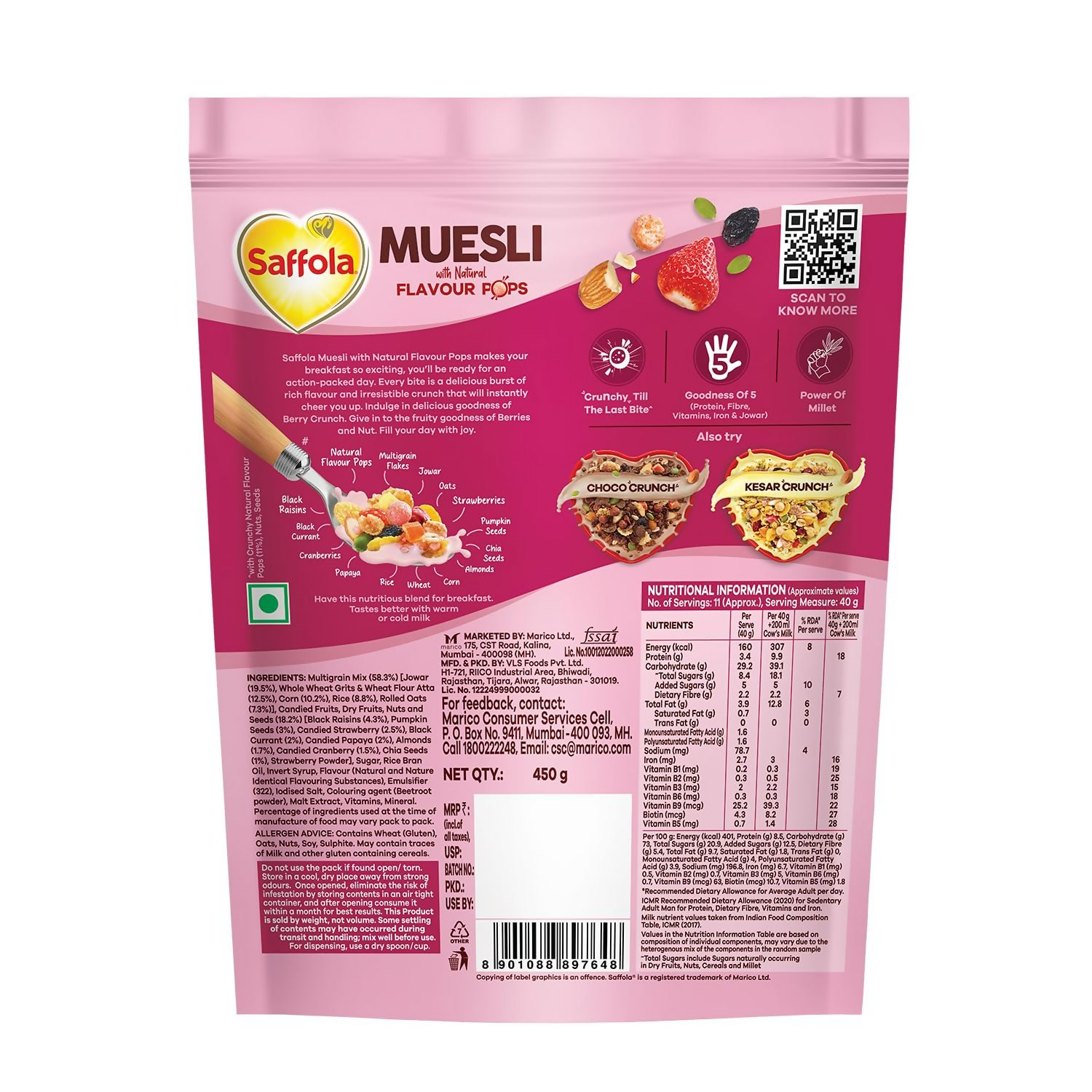 Saffola Muesli Fruit & Nut Berry Crunch with Flavour Pops Saffola