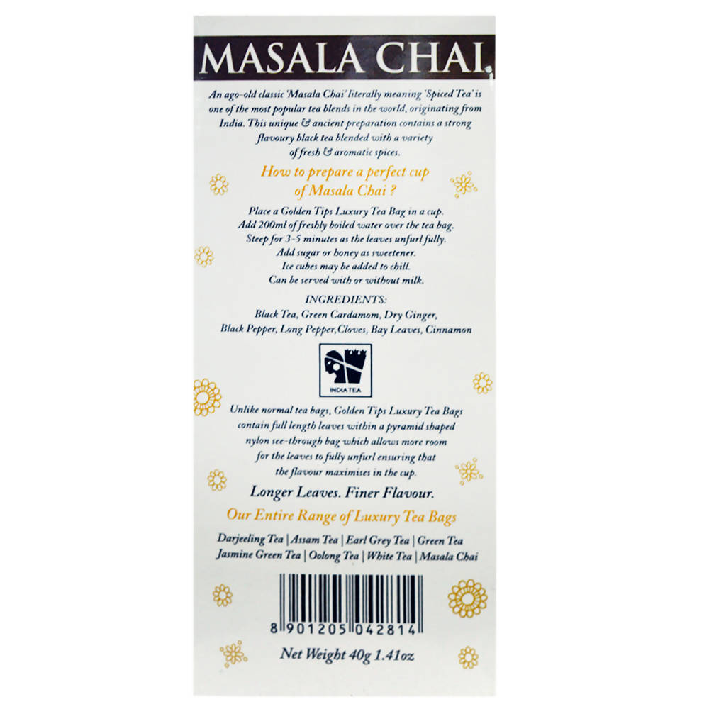 Golden Tips Masala Chai Full Leaf Pyramid Tea Bags Golden Tips