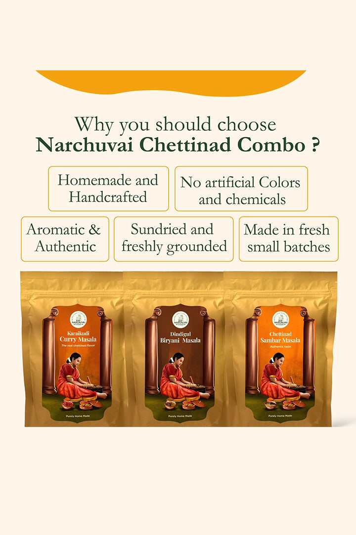 Narchuvai Foods Chettinad Combo (Chettinad Sambar Masala + Karaikudi Curry Masala + Dindigul Biryani Masala) Narchuvai Foods