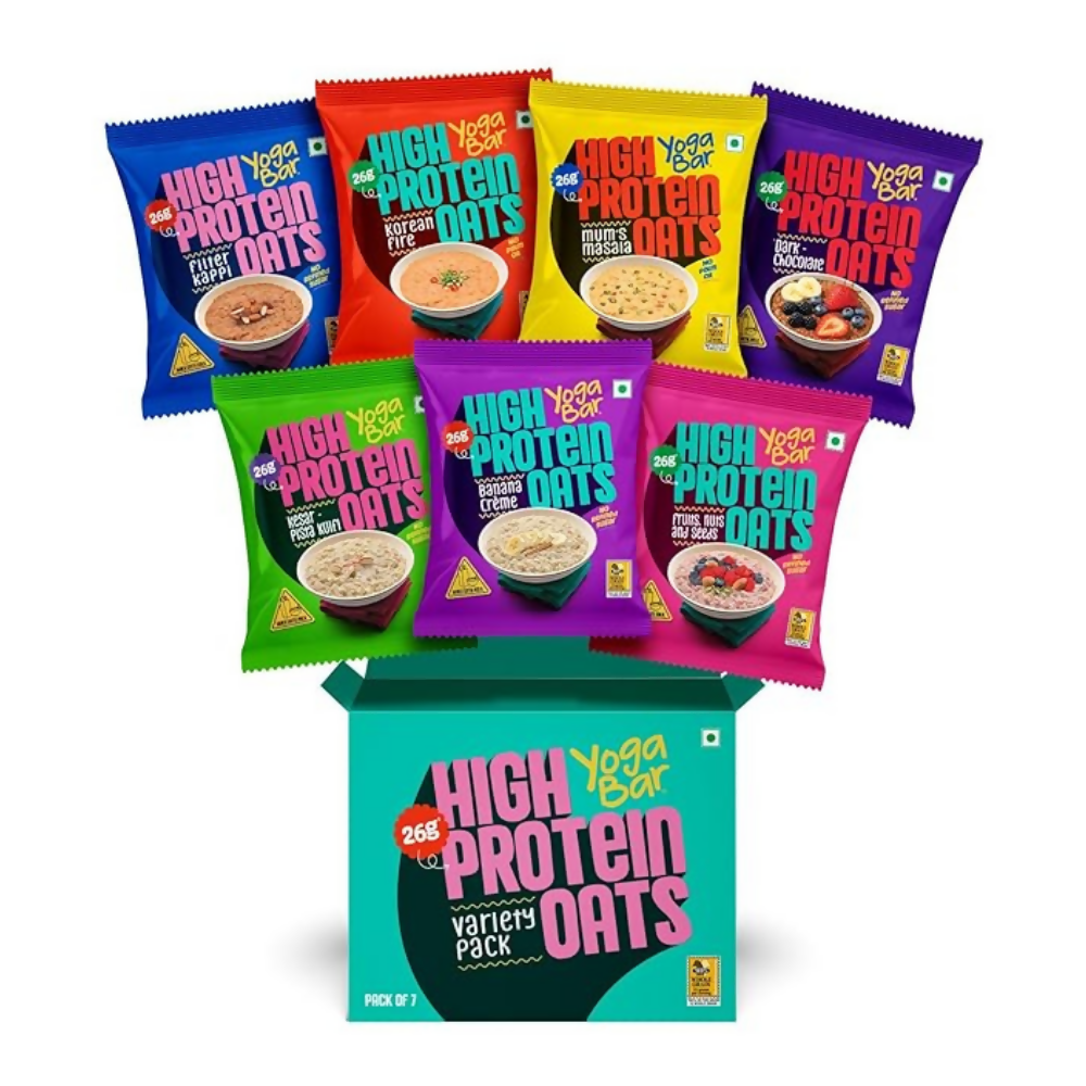 Yoga Bar High Protein Oats - Combo Flavors: Korean Fire, Mum's Masala, Dark Chocolate, Fruit Nuts Seeds, Kesar Pista Kulfi, Banana Creme, Filter Kappi - Safuron