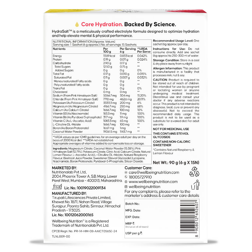 Wellbeing Nutrition Hydrasalt Electrolyte Drink Instant Hydration Raspberry Lemon Wellbeing Nutrition