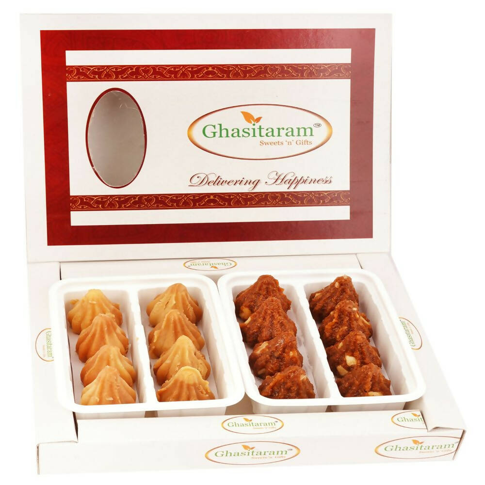 Ghasitaram White Box of Dodha Barfi and Mysore Pak Modaks - Safuron