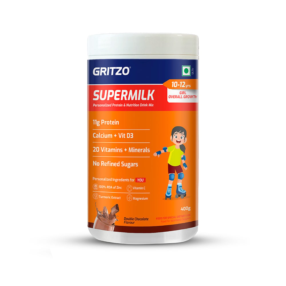 Gritzo SuperMilk Overall Growth (10-12y Girls), Zero Refined Sugar, 21 Vitamins & Minerals Gritzo