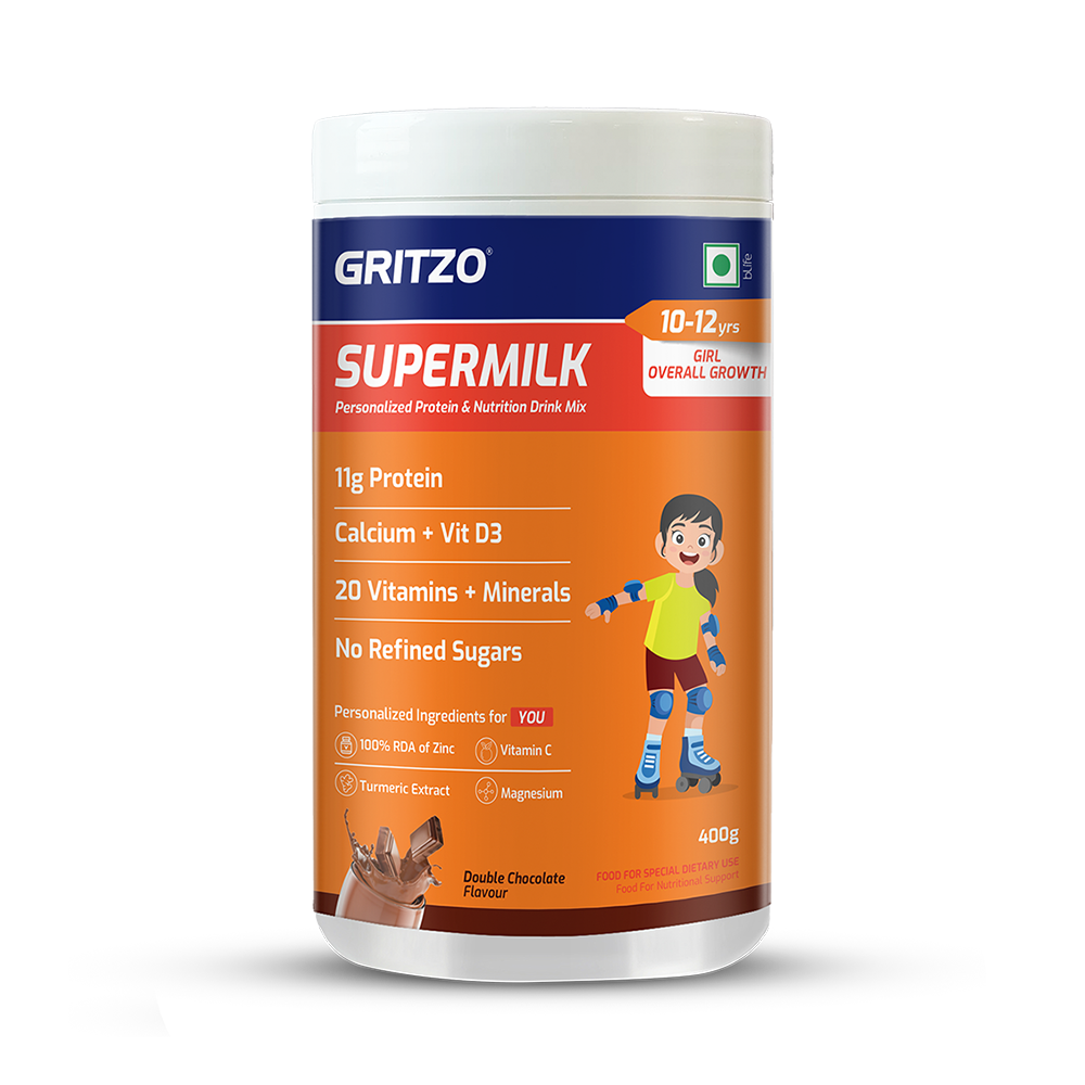 Gritzo SuperMilk Overall Growth (7-12y Girls), Zero Refined Sugar, 21 Vitamins & Minerals - Safuron