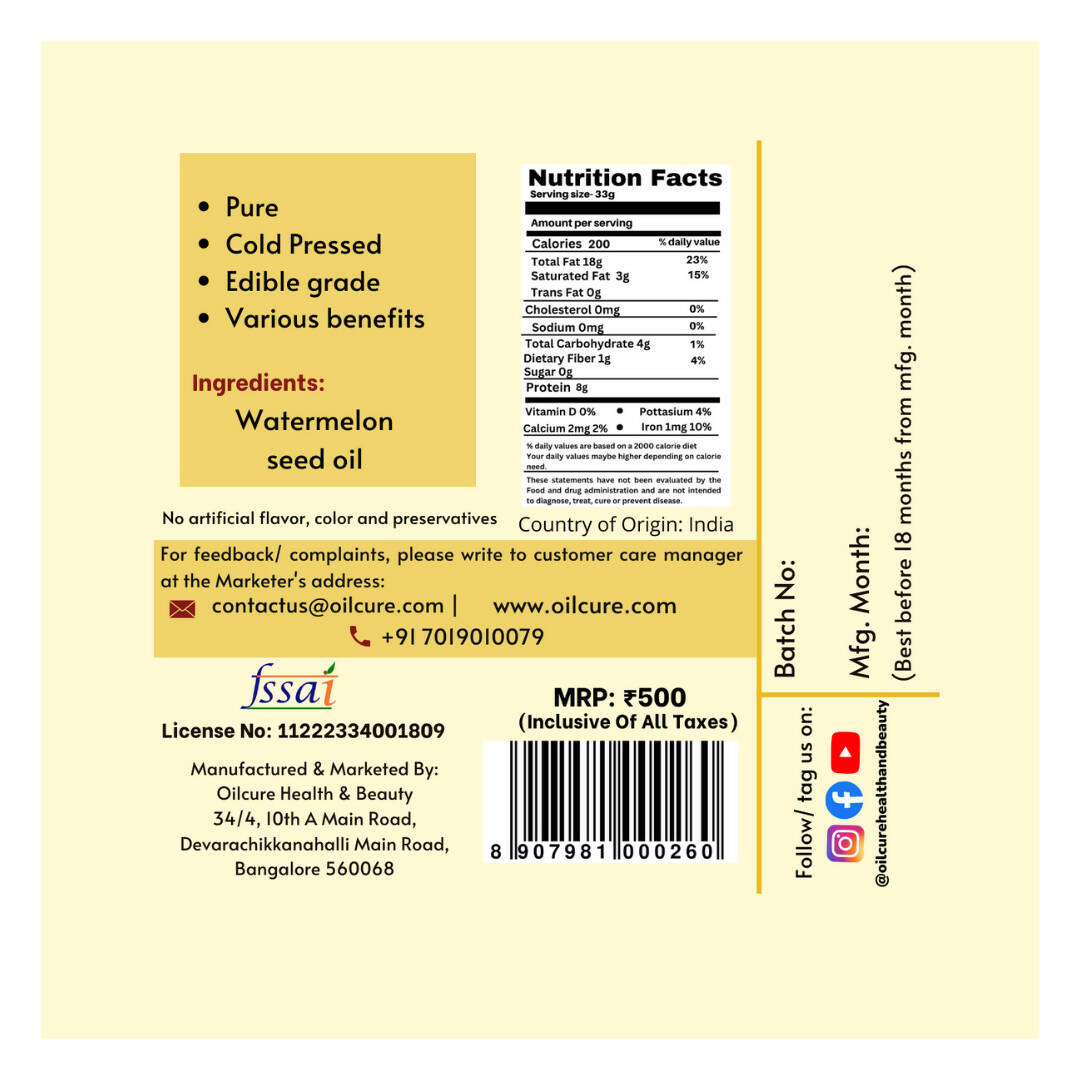 Oilcure Watermelon Seed Oil Cold Pressed Oilcure