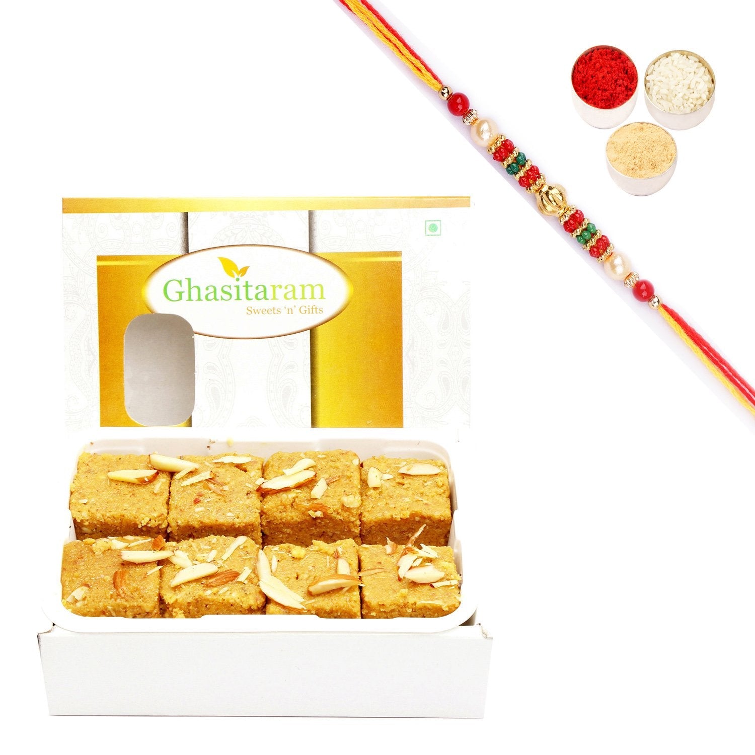Ghasitaram Nani's Special Besan Barfi With Pearl Beads Rakhi - Safuron