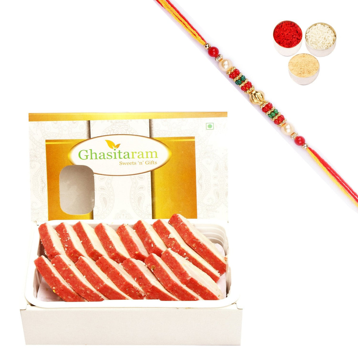 Ghasitaram Irish kaju Katli With Pearl Beads Rakhi - Safuron